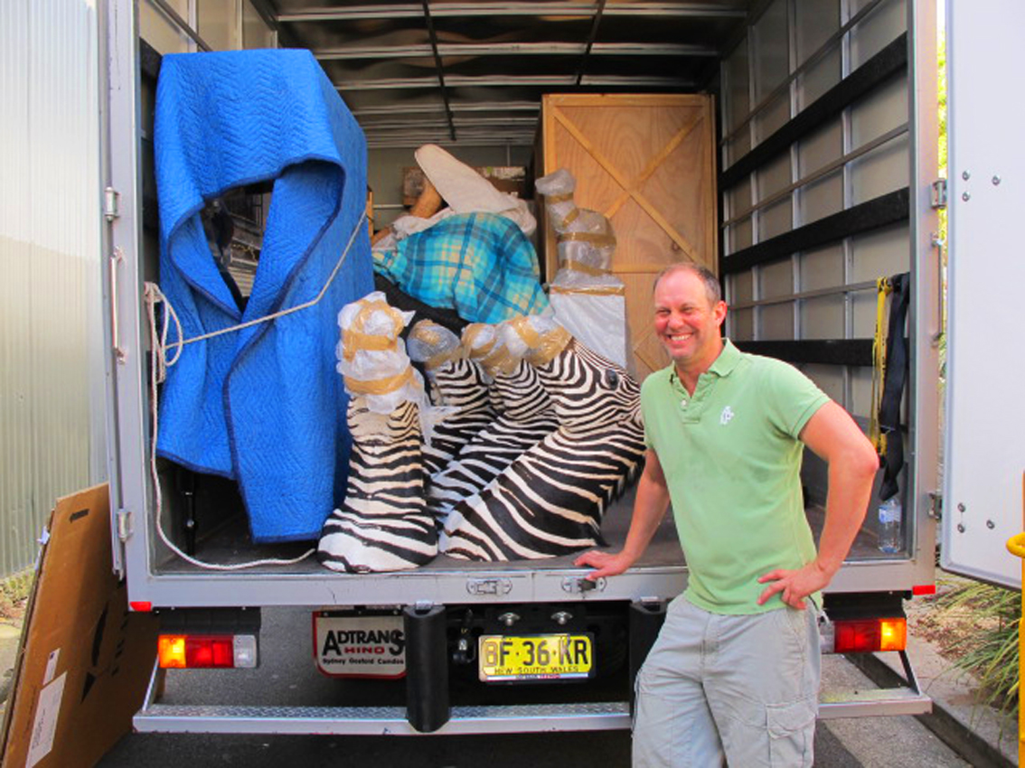 Zebra crossing - artist Rod McRae with some zebra heads